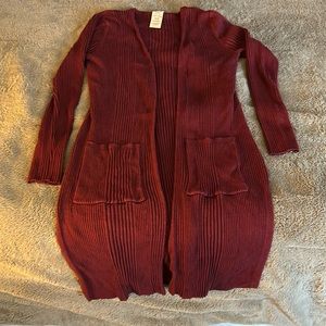 Faded Glory maroon long sleeve, long length cardigan with pockets